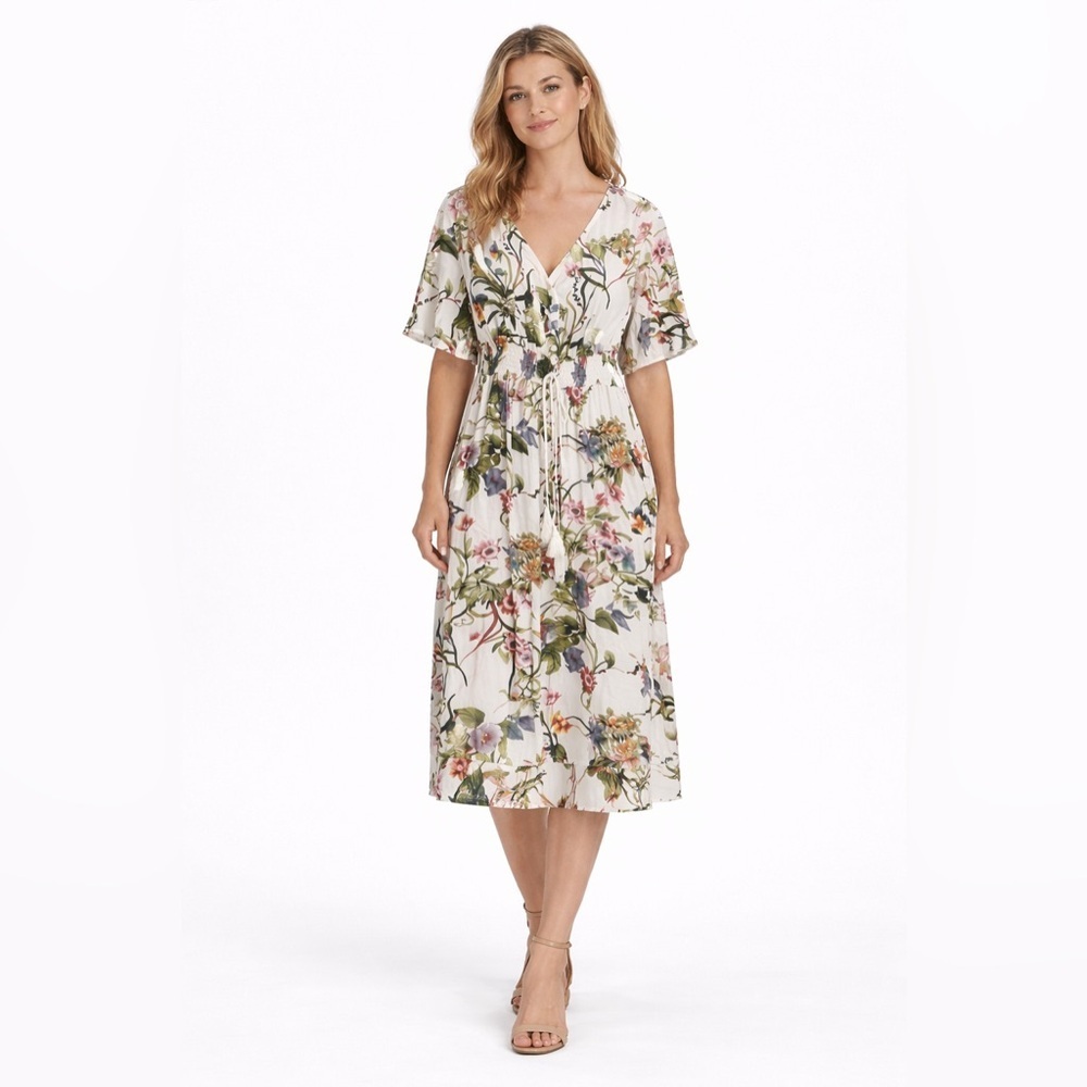 Roadglow Tropical Floral Midi Dress Flutter Sleeve Boho Spring Size L